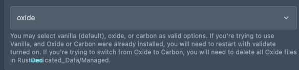 The Modding Framework dropdown on the Startup tab, set to oxide