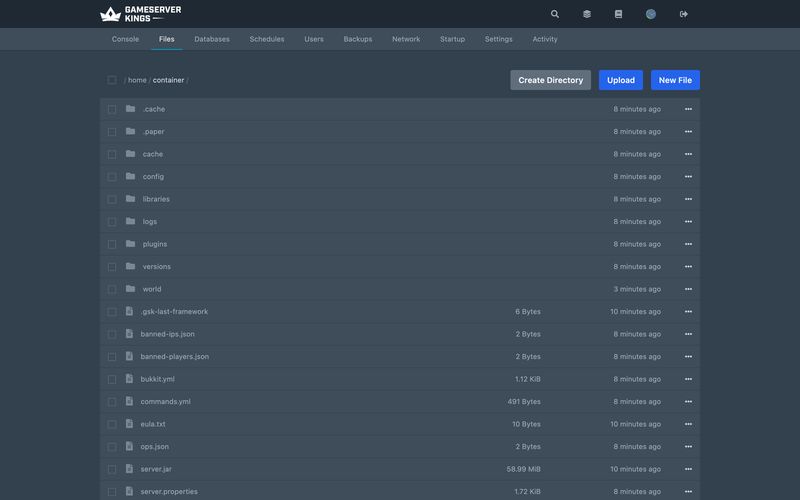 The server root in the File Manager, with the plugins folder the jar goes into