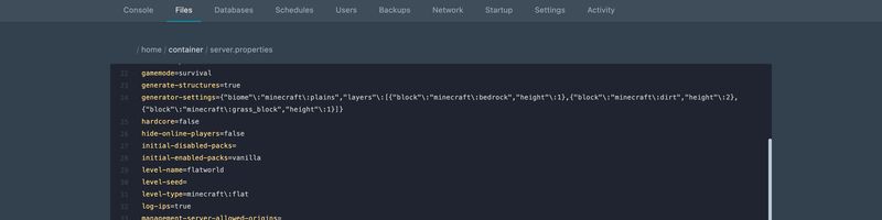 server.properties open in the panel file editor on a flat-world server: level-type is set to the flat preset with the colon backslash-escaped, level-name is flatworld, and generator-settings holds the layer JSON on a single line with every colon escaped the same way