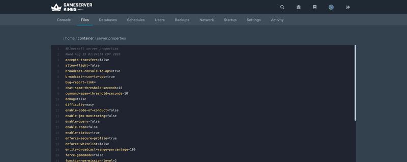 server.properties open in the panel's file editor