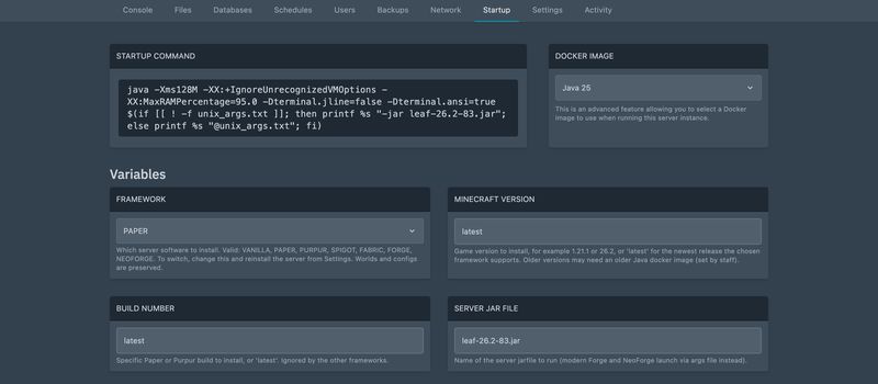 The Startup tab of a GSK Minecraft (Java) server: the resolved launch command ends in -jar leaf-26.2-83.jar while the Framework variable is still set to PAPER, and the Server Jar File field holds the uploaded filename