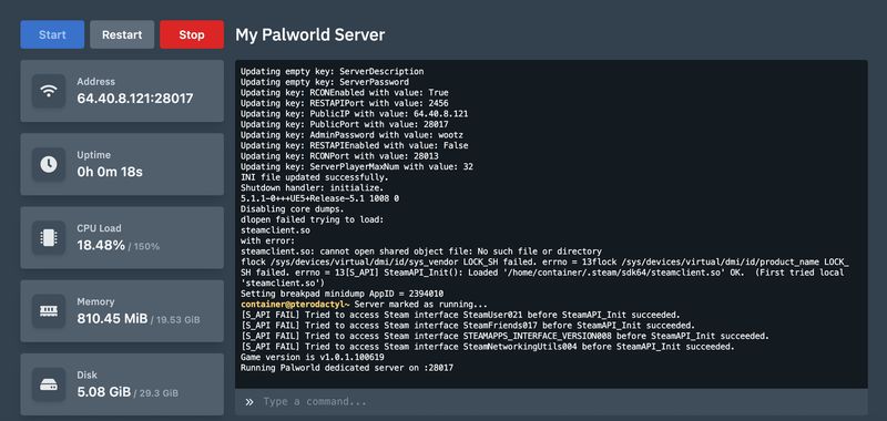 Pterodactyl console fully booted for a Palworld server