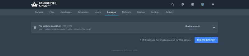 The Backups tab with a manual snapshot taken before a rollback