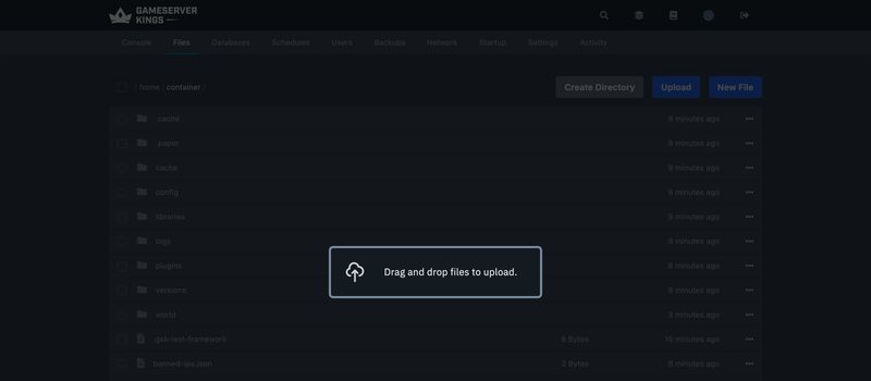 Dragging an archive onto the panel's File Manager to upload it