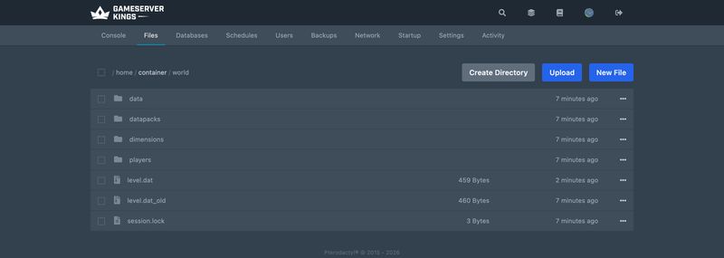 A 26.x world folder in the File Manager: dimensions, players, level.dat and session.lock