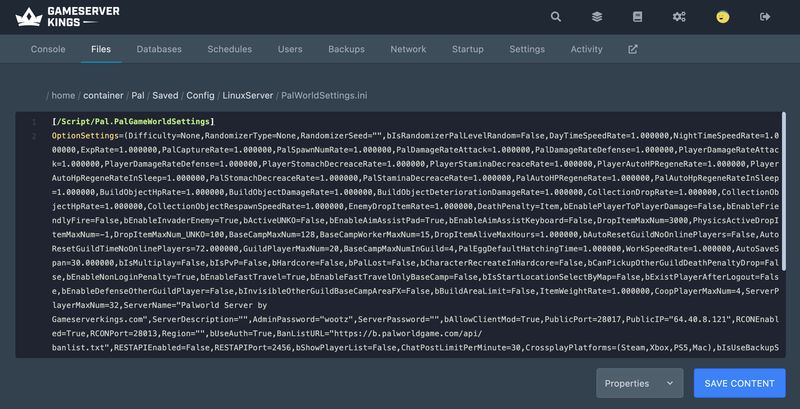 Pterodactyl File Manager showing PalWorldSettings.ini in the LinuxServer config folder