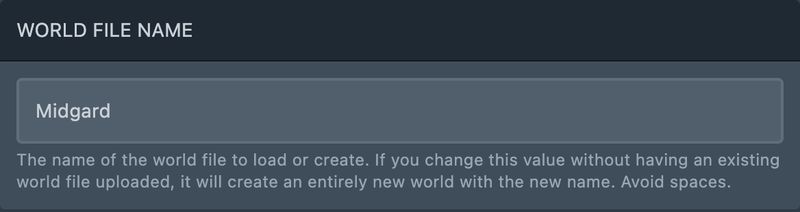 The World File Name field on the Startup tab, set to Midgard